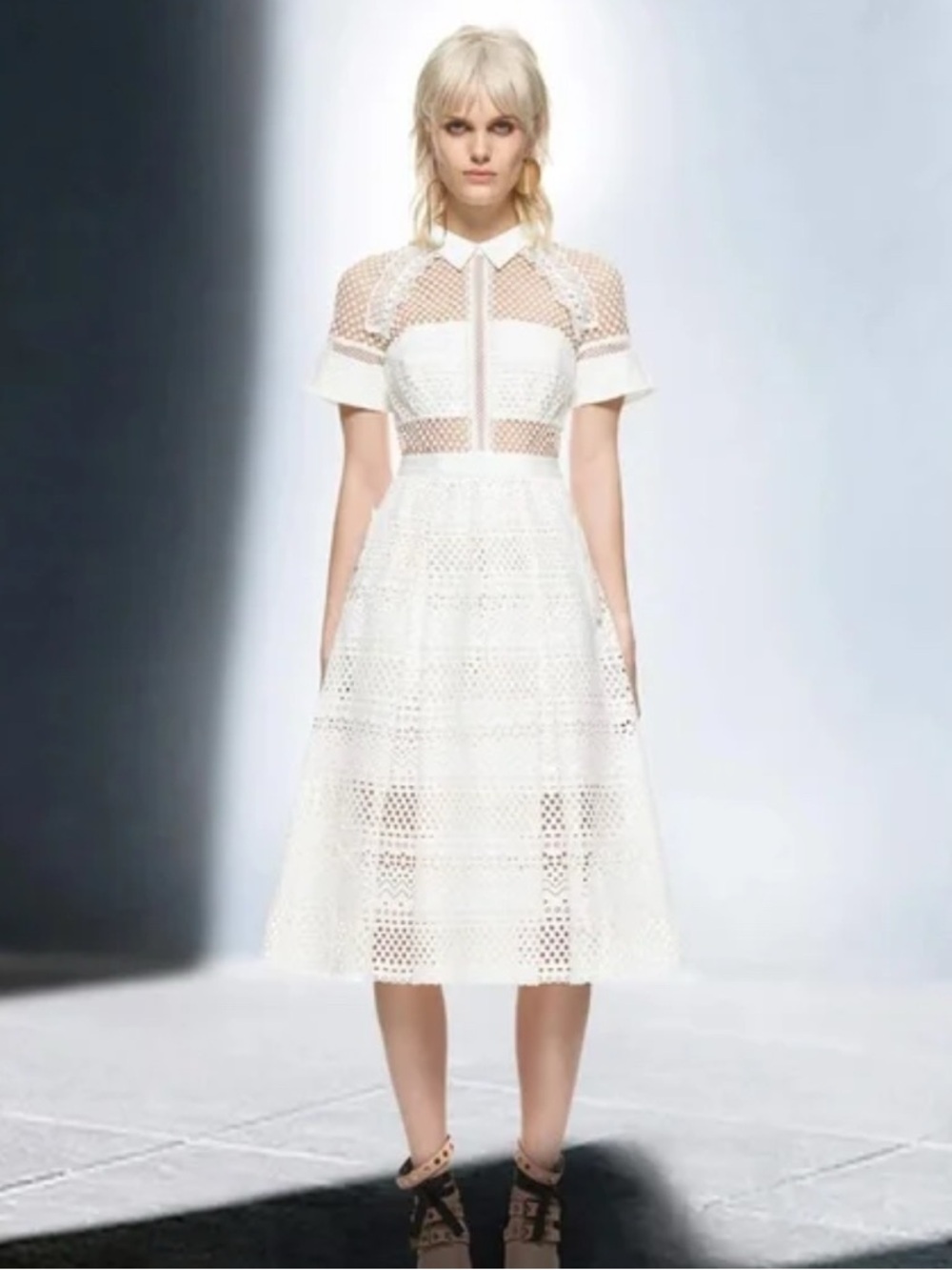 Self-Portrait White Lace Midi Dress with Collared Neckline